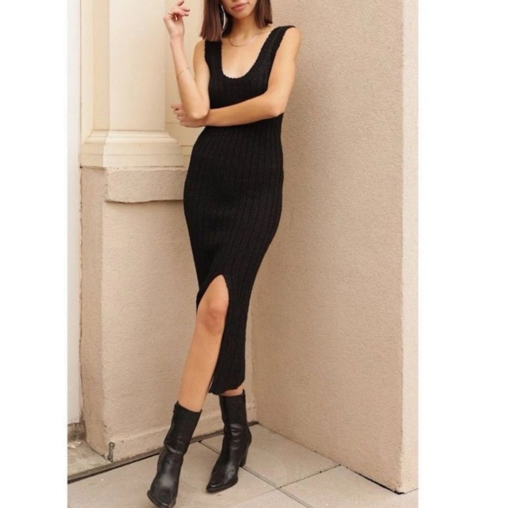 All Row Heavy Knit Ribbed Cotton Dress Midi Black Slit Size Small Chunky Sweater